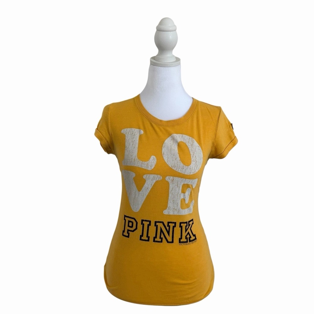 Victoria's Secret PINK Y2K Vintage 2007 Love Pink Yellow Tee Small - Picture 2 of 7